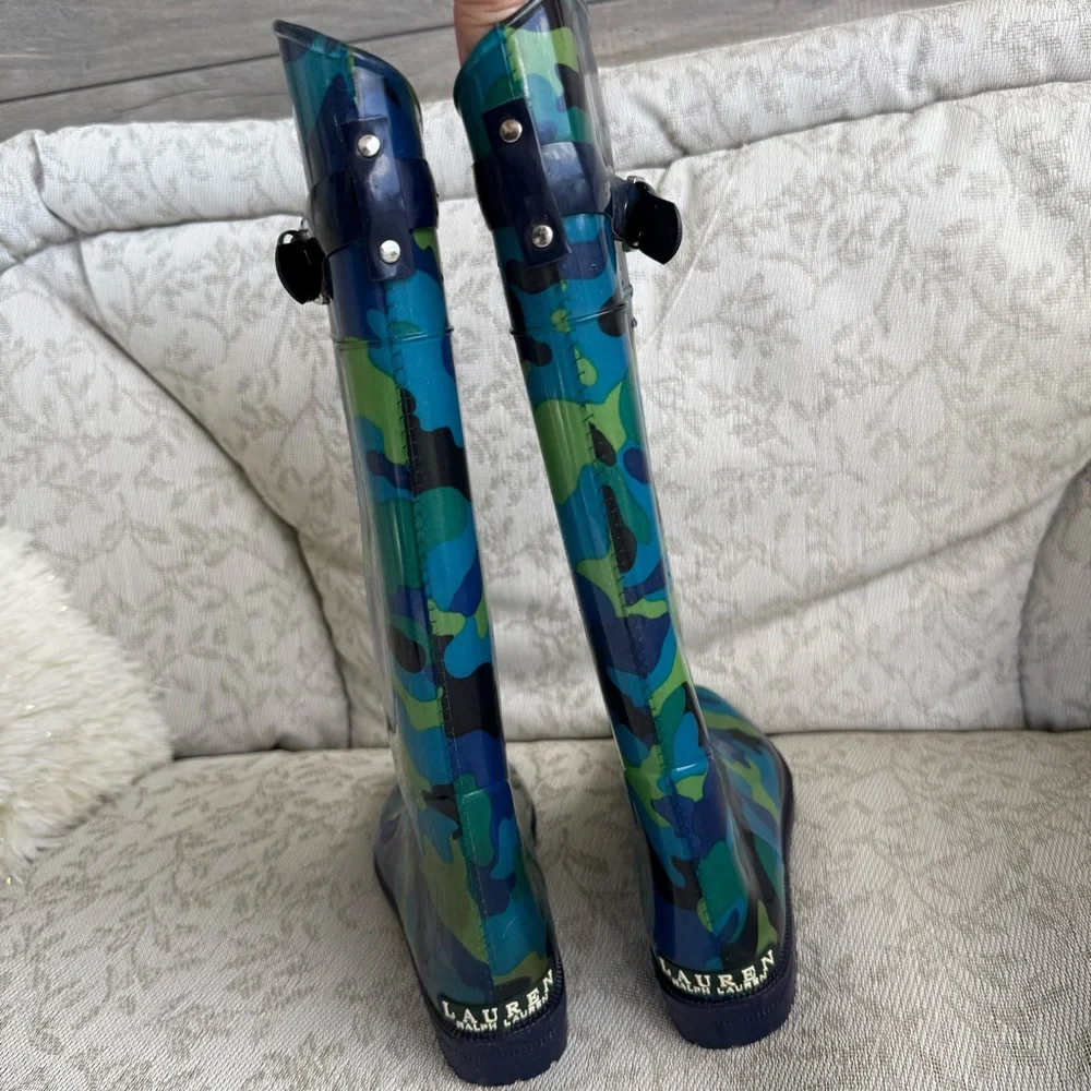 Ralph Lauren Rossalyn II Blue Green Camouflage Knee-High Rain Boots Womens 6 EUC